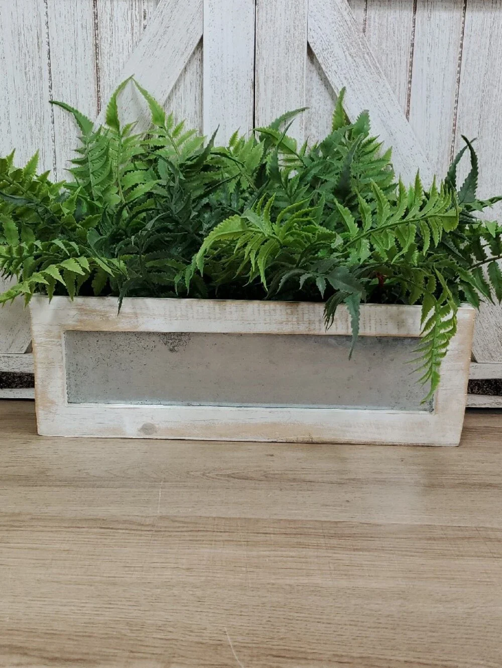 Artificial Fern in Rectangular Distressed Wood Planter Box Faux Plant Decor